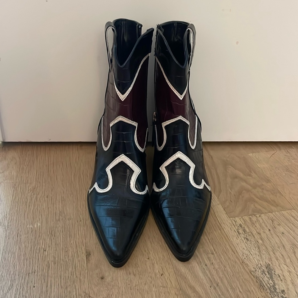 Zara Black and Brown Heeled Cowboy Bootie with White Details